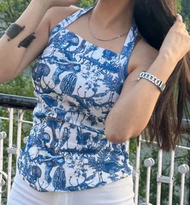 Blue &amp; White Patterned Halter Top