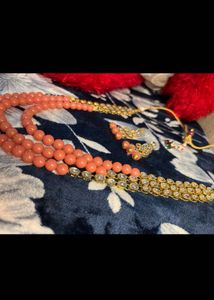 Stunning Peach Bead and Crystal Necklace Set