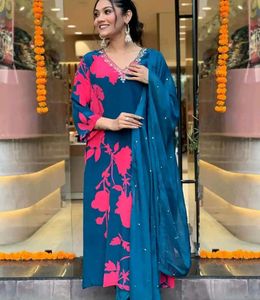 Blue Kurta Set with Pink Floral Print size XXL 44