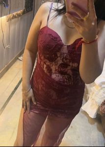 Burgundy Lace Dress with Sheer Overlay