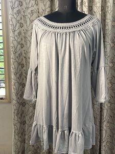 Long Grey Bell Sleeve Ruffled Tunic Top