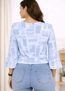 Newspaper Print Tie-Front Bell Sleeve Top (sky blu
