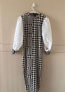 Houndstooth Midi Dress with Sheer Sleeves