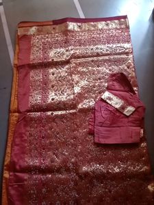 Yellow And Maroon Zardozi Work Saree And Blouse