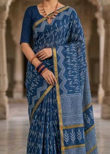 Blue Saree with Leaf Print