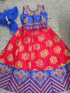 Vibrant Red &amp; Blue Embroidered Lehenga Choli