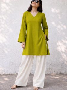 Stylish Lime Green Kurta with White Farsi