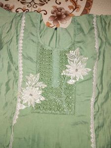 Elegant Light Green Cotton Embroidered Suit Set