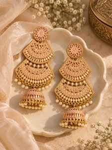 Elegant Pink &amp; Gold Jhumka Earrings