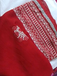 White Bordered Red Embroidered Saree