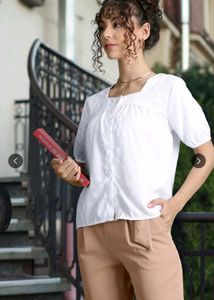 White Square Neck Button-Up Top