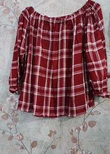 Maroon Plaid Off-Shoulder Top