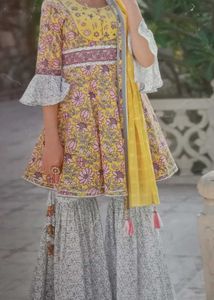 Designer Yellow Floral anarkali sharara Set