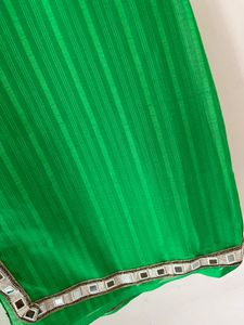 Vibrant Green Striped Saree with Mirror Work