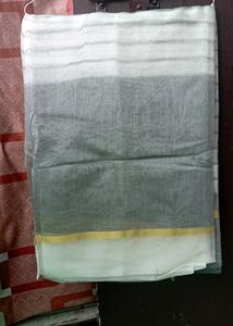 Elegant Grey &amp; White Striped Saree with one meter