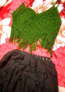 Boho Crochet Crop Top & Black Lace Skirt Set