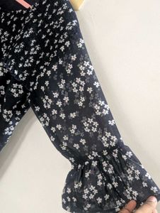 Navy Blue Floral Smocked Peplum Top
