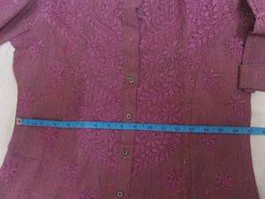 Embroidered Mauve Lucknowi Front open Linen Kurta