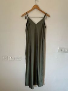 V-Neck Satin Slip Midi Dress in Olive Green