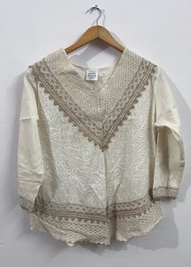 Cream Embroidered V-Neck Kurta