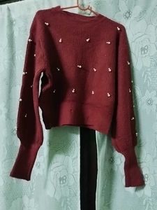 Pearl Embellished Maroon Sweater