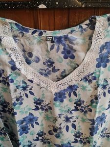 Blue Floral Kurta with White Lace Trim