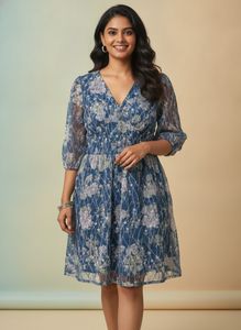 Blue Floral Sheer Overlay Dress