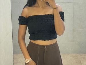 Black Off-Shoulder Smocked Crop Top