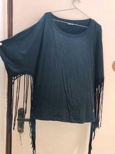 Black Fringed Long Sleeve Top