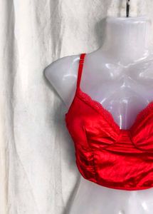 Satin Lace Trim Ruched Crop Top