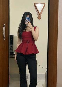 Chic Red Belted Peplum Top