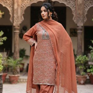 Elegant Rust Orange Heavy Sequence 3PC Party Suit