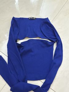 Blue Ribbed Off The Shoulder Crop Top