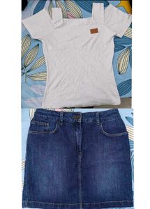 Cute Off-Shoulder T-Shirt & Denim Skirt Set