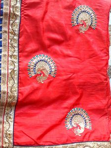 Red Saree with Peacock Embroidery