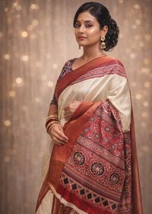 Elegant Cream & Red Silk Saree
