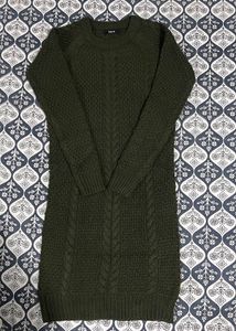 Cable Knit Knee Length Sweater Dress| Dark Olive