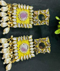 Fancy Party Wear Fabric Earrings Colour Yellow