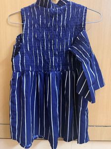 Blue Striped Cold Shoulder Top with Pearls