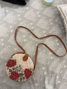 Round Woven Crossbody Bag with Floral Embroidery