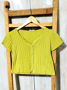 Lime Green Ribbed Button-Up Crop Top Size-30-32