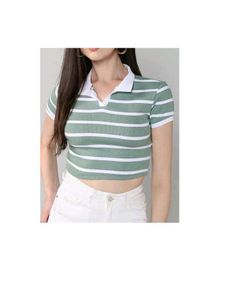 Green Striped Cropped Polo Shirt