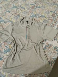 Beige Ribbed Zip-Up Mock Neck Top