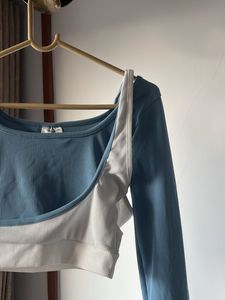 Blue &amp; White Cropped Long Sleeve Top