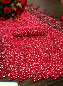Sparkling Red Net Silk  Saree