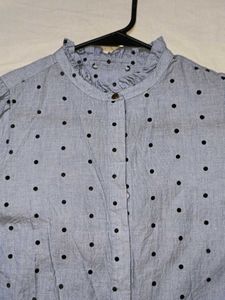 Blue Polka Dot Button-Up Blouse