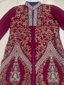 Maroon Velvet Gold Embroidered Ethnic Kurti