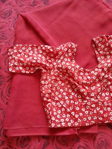 Elegant Red Saree with Printed Blouse