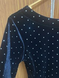 Black Velvet Embellished Dot Mini Dress