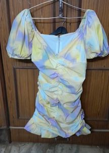 Pastel Puff Sleeve Ruched Mini Dress